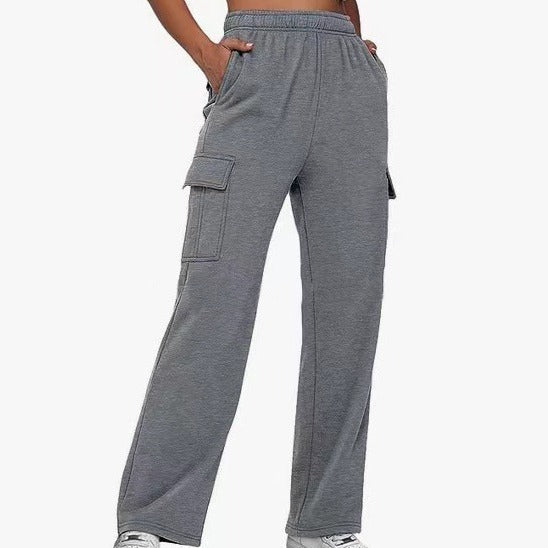 Damen nan lässige Cargo-Freizeithose mit weitem Bein elastischem Bund und aufgesetzten Taschen Drune