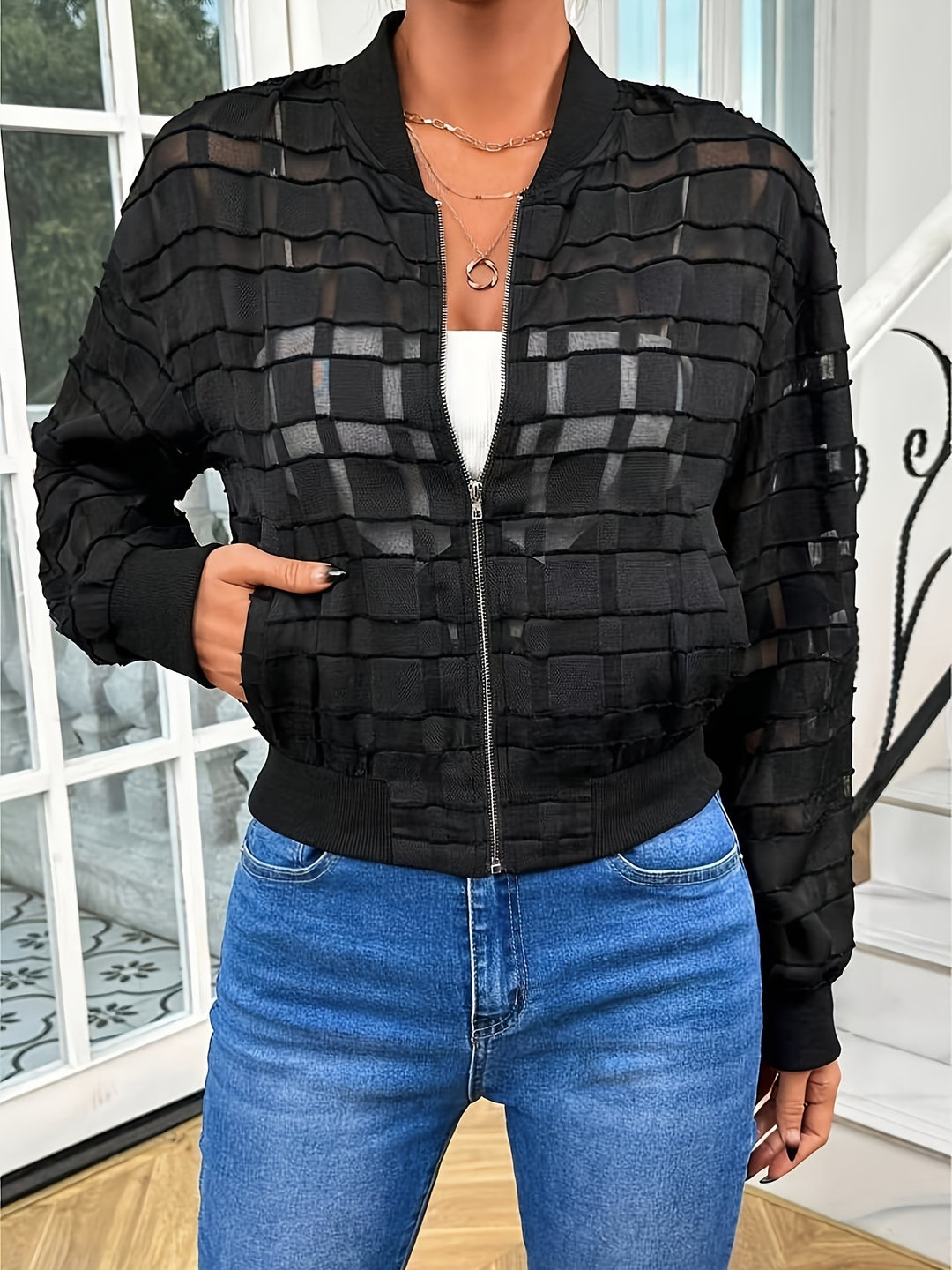Damen Oversized Bomberjacke mit strukturierter Oberfläche und praktischem Reißverschluss Drune