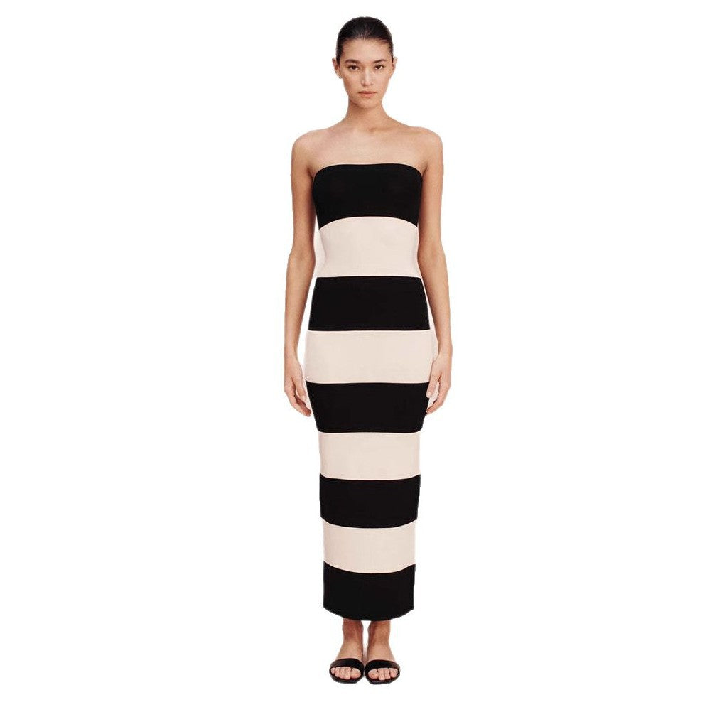 Damen schickes Bandeau-Maxikleid mit grafischem Streifenmuster und figurbetontem Schnitt Drune