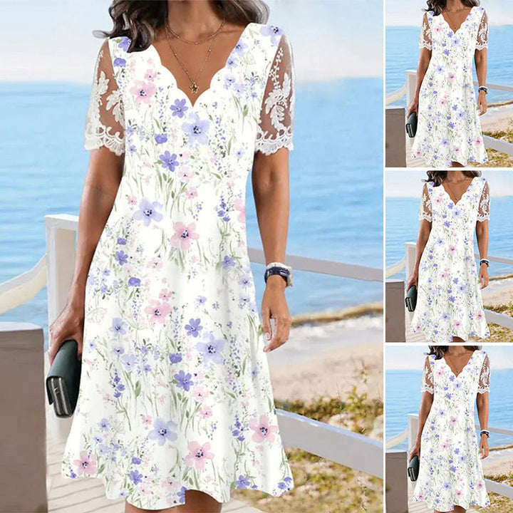 Damen nan A-Linien-Midikleid mit wellenförmigem V-Ausschnitt, ganzflächigem Blumenmuster und transparenten Spitzenärmeln Drune