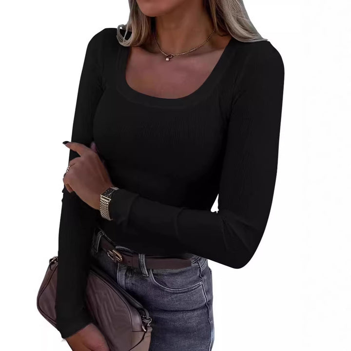Damen Langarm Ripp-T-Shirt mit elegantem U-Boot-Ausschnitt Drune