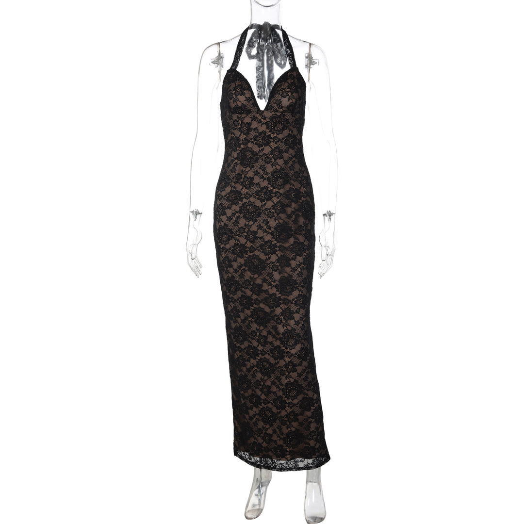 Damen Langes Spitzenkleid mit tiefem V-Ausschnitt und Halter-Design Drune