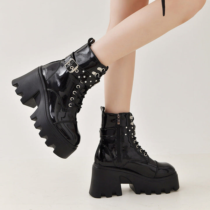 Damen High-Top Stiefeletten mit modischem Schnallen-Detail und robustem Plateau Drune