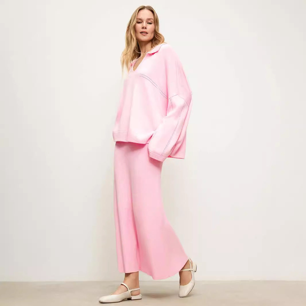 Damen Lässiger Pullover mit V-Ausschnitt und passendem Maxirock Drune