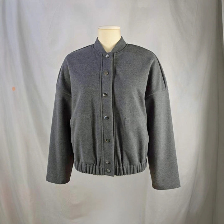 Damen nan kuschelige Fleece-Bomberjacke mit Stehkragen Rippbund und Druckknopfleiste Drune