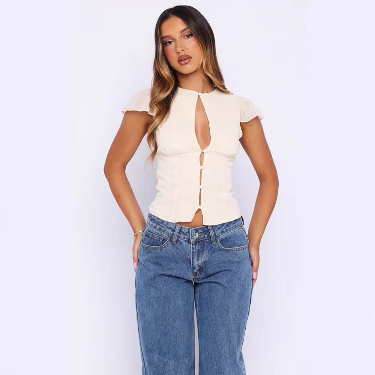 Damen Rüschenbluse mit Punktedesign und vorderer Knopföffnung Drune