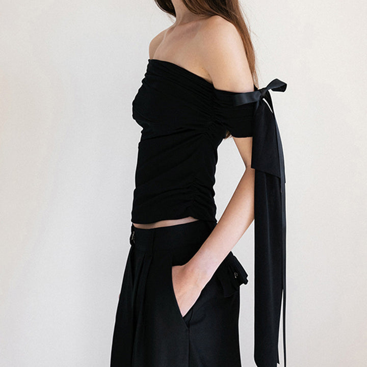 Damen Off-Shoulder Oberteil mit Rüschendetails und transparentem Ärmel Drune
