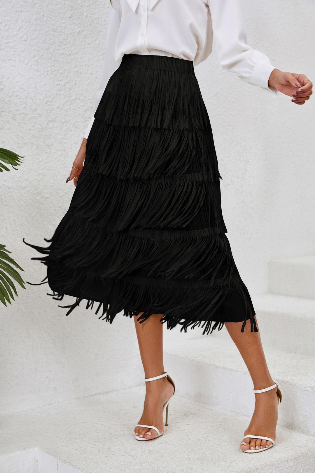 Damen Rock mit fransigem Design und schwingenden Lagen Drune
