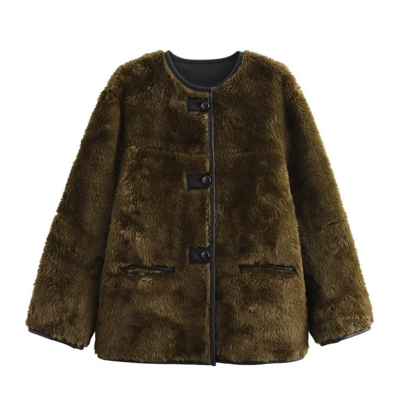 Drune | Damen Teddyjacke mit Kontrasttaschen
