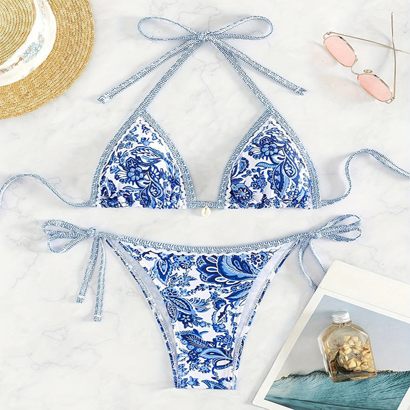Damen Triangel-Bikini mit floralem Druck und raffinierten Bindebändern Drune