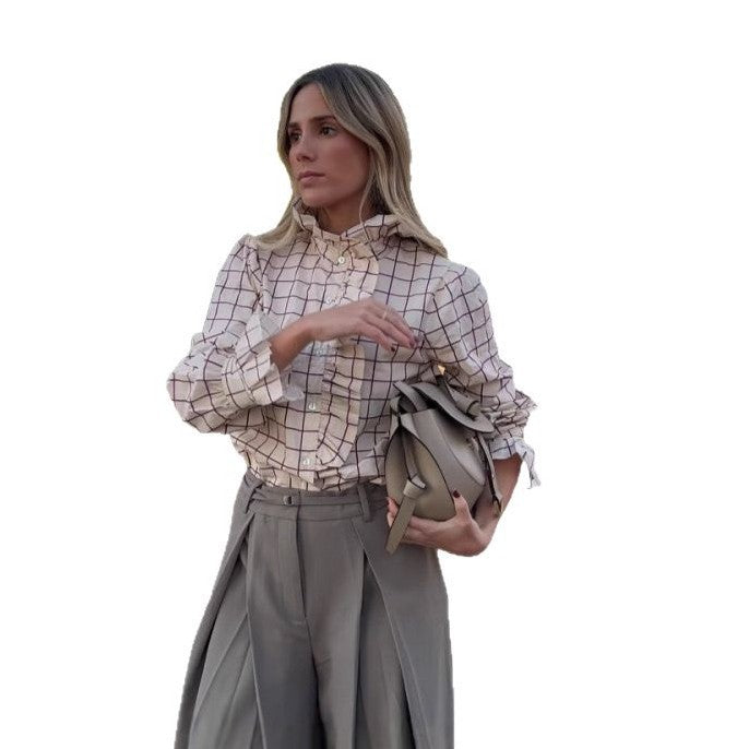 Damen Karobluse mit Rüschendetails und Knopfverschluss Drune