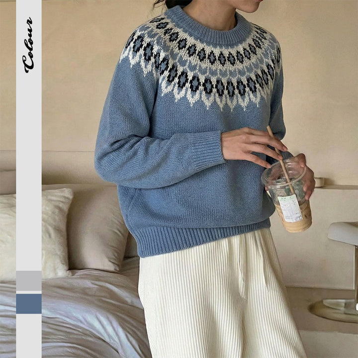 Damen Strickpullover mit nordischem Muster und lockerer Passform Drune