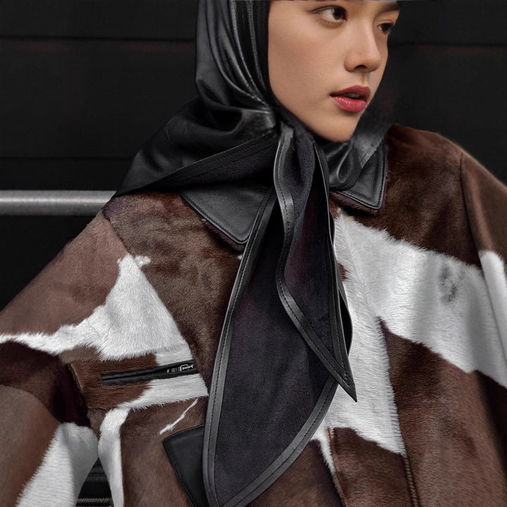 Damen modische Kurzjacke im auffälligen Kuhfell-Look mit Lederakzenten Drune