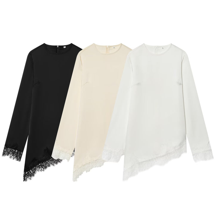 Damen asymmetrisches Blusenshirt mit Spitzenverzierung Drune