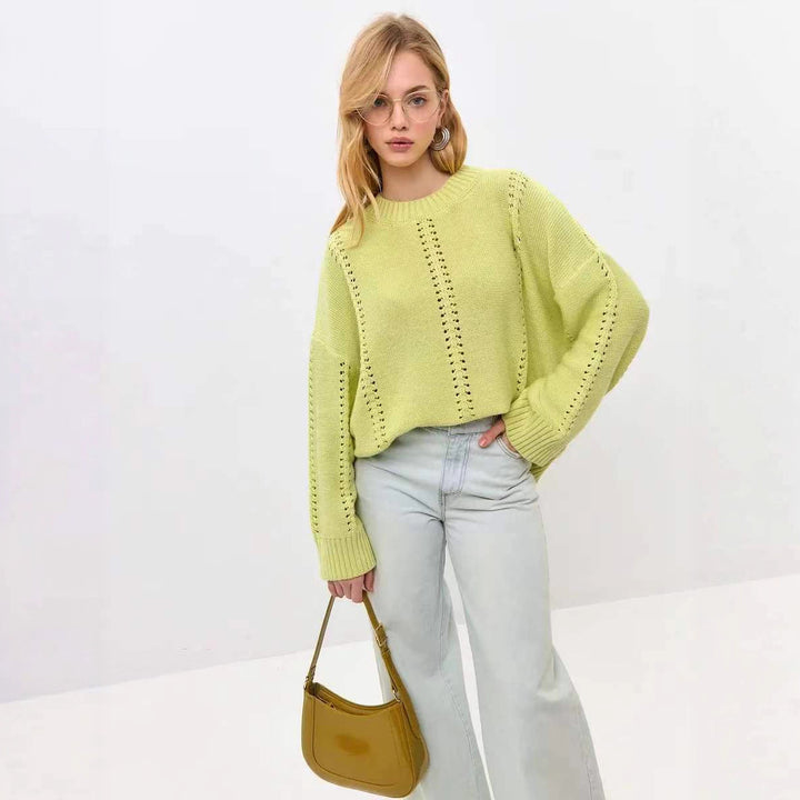 Damen Strickpullover mit dekorativem Lochmuster und voluminösen Ärmeln Drune