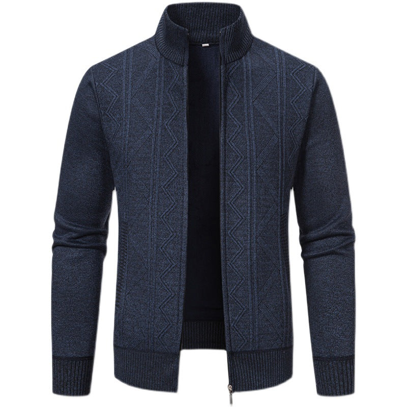 Herren elegante Strickjacke mit strukturiertem Zopfmuster und hohem Kragen Drune
