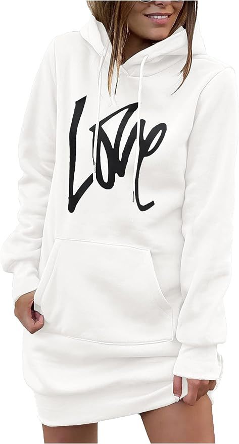 Damen Hoodie-Kleid mit Kängurutasche und auffälligem Schriftzug Drune