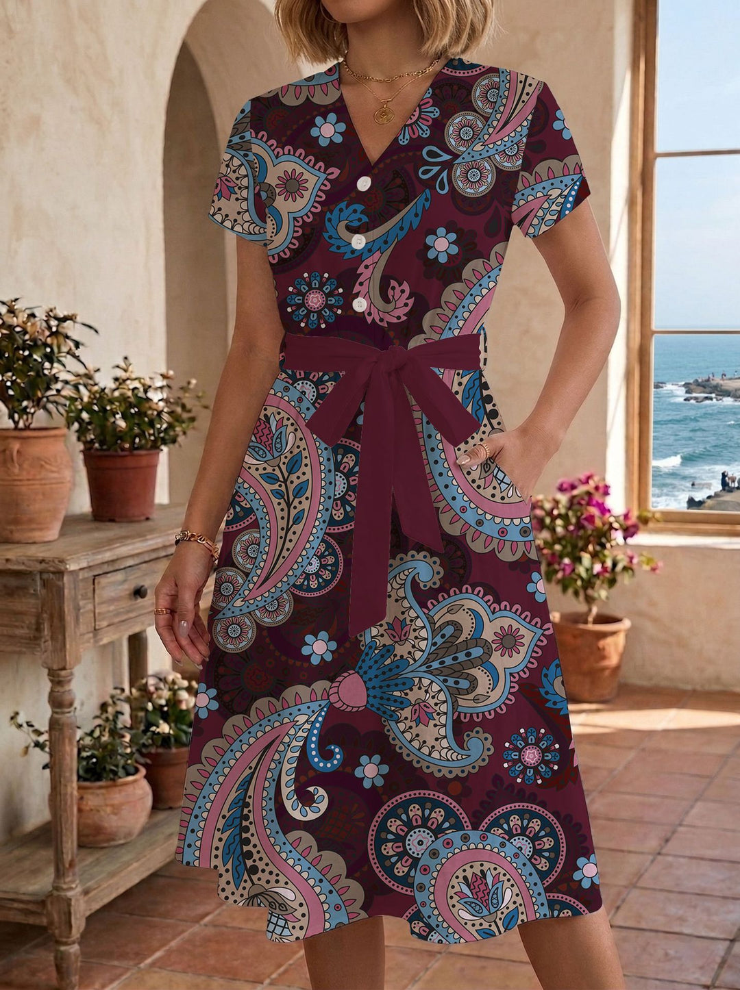 Damen lässiges Maxikleid mit taillierbarem Knoten und dekorativem Karomuster Drune