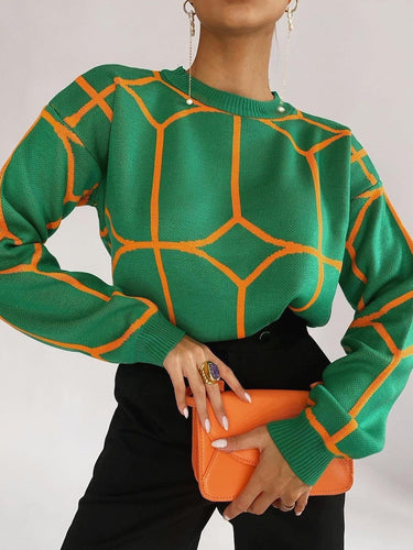 Damen modischer Strickpullover mit geometrischem Muster und hohem Kragen Drune