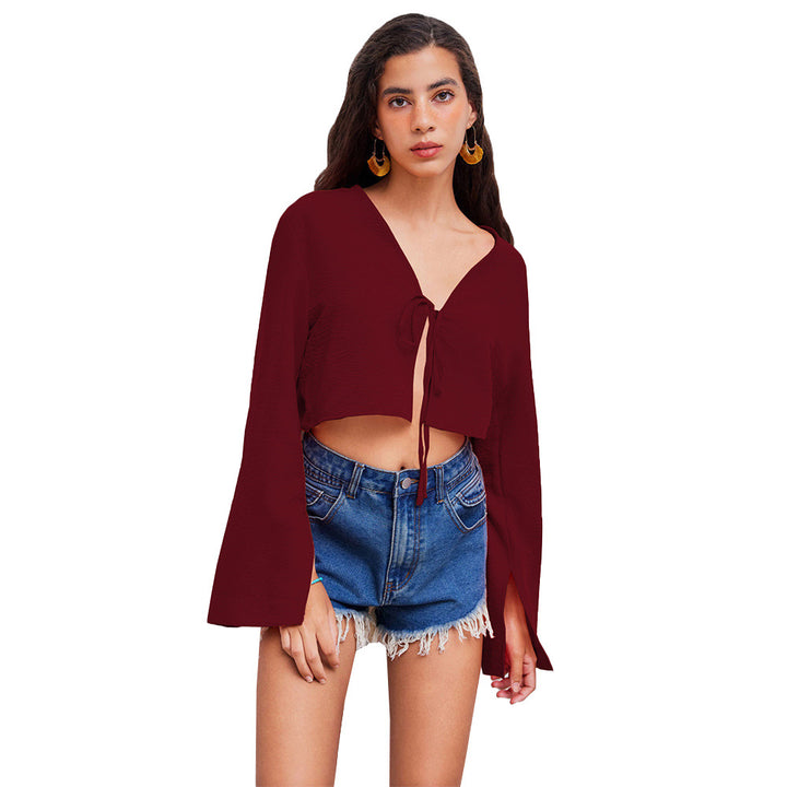 Damen Crop-Oberteil mit tiefem V-Ausschnitt und verspieltem Knoten Drune