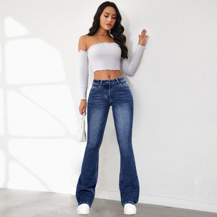 Damen Retro Flared Jeans im klassischen Design mit hohem Bund Drune