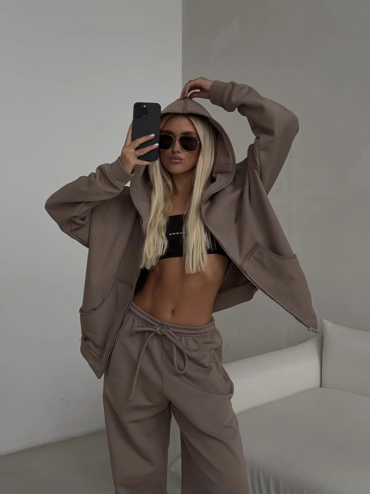 Damen Oversized Kapuzenpullover und lässige Freizeithose Set Drune