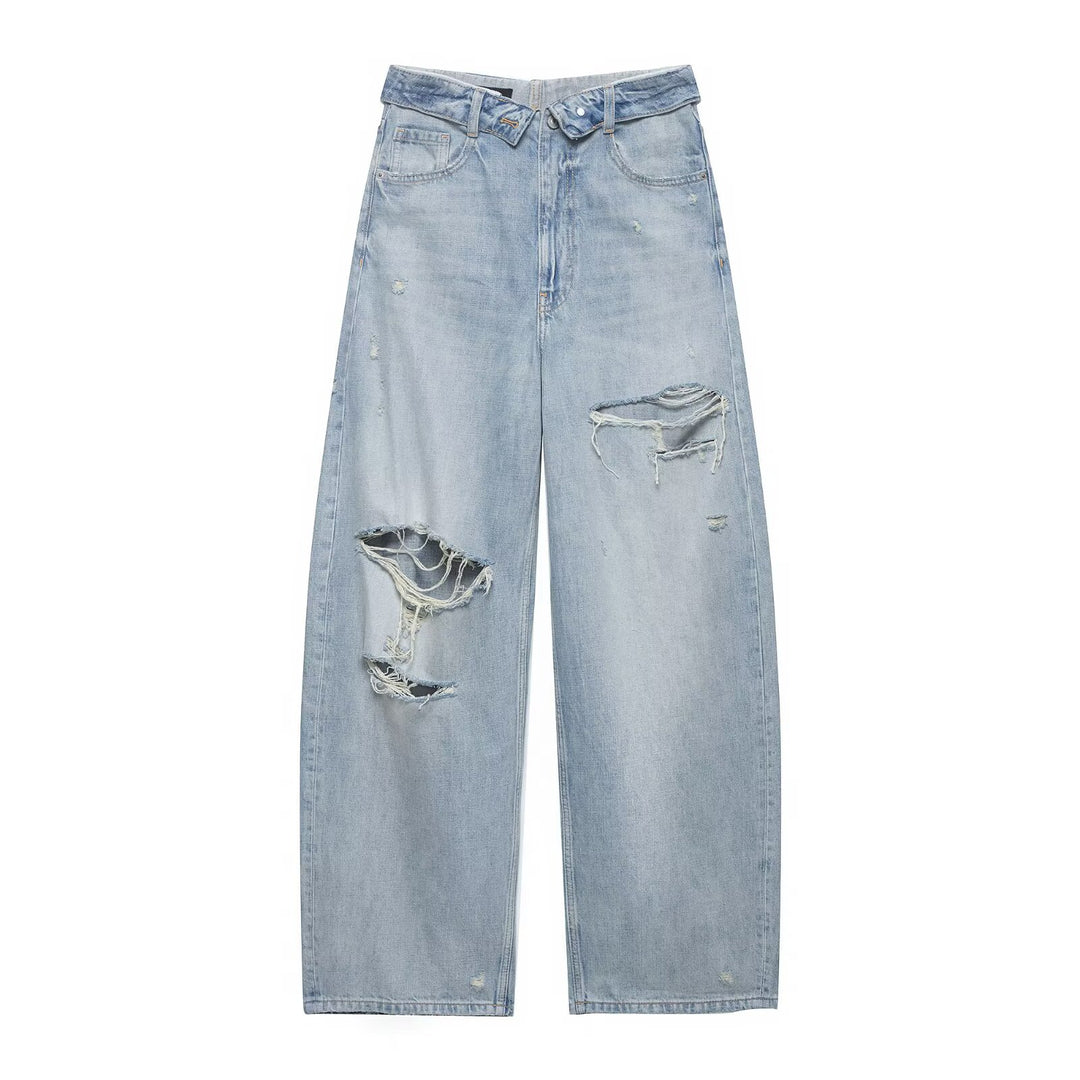 Damen nan weite Highwaist-Jeans im Vintage-Look mit ausgefransten Rissen Drune