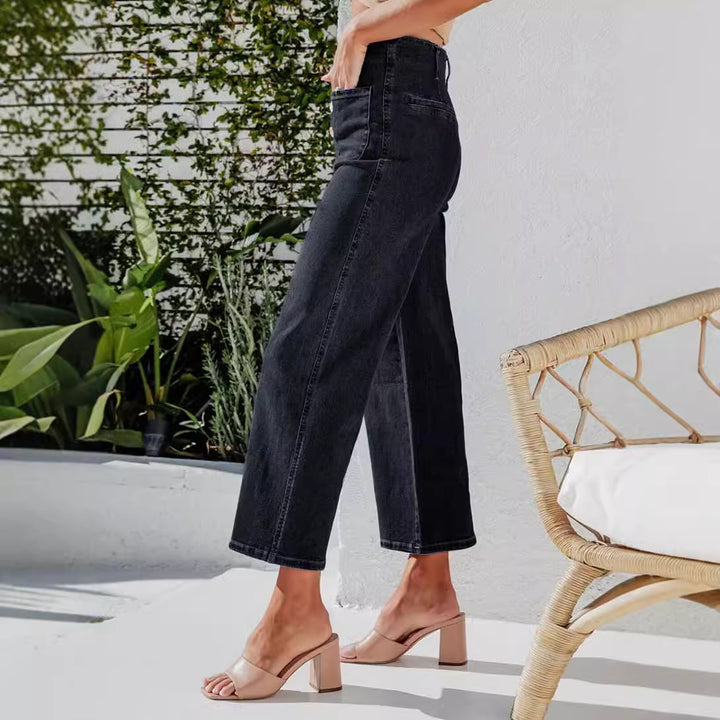 Damen Hochgeschnittene Denim-Hose mit Knopfverschluss und weitem Bein Drune