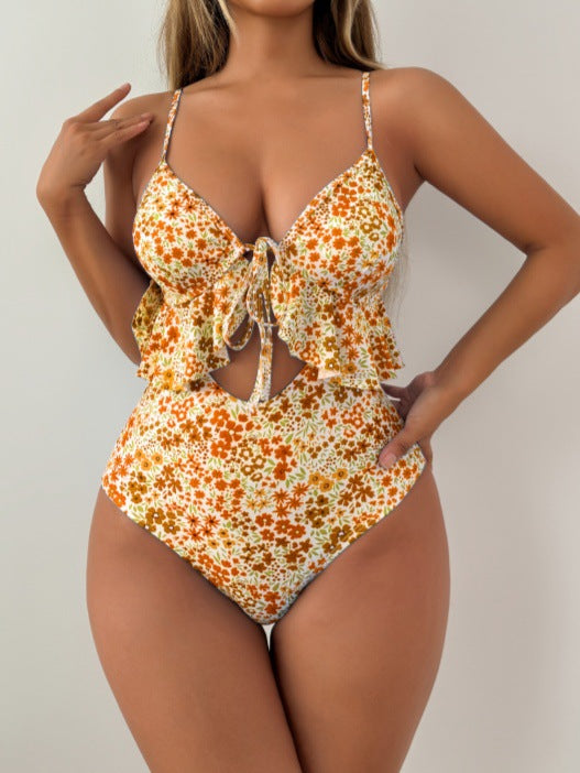 Damen Eleganter zweifarbiger Badeanzug mit Rüschendetail Drune