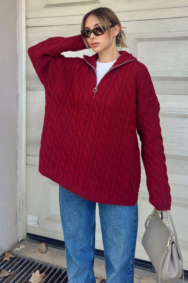 Damen lässiger Strickpullover mit Stehkragen und Reißverschluss Drune