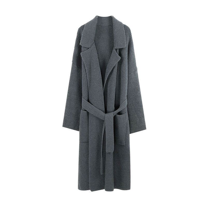 Damen Strickmantel mit Gürtel und breiten Revers Drune