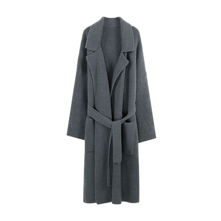 Damen Strickmantel mit Gürtel und breiten Revers Drune