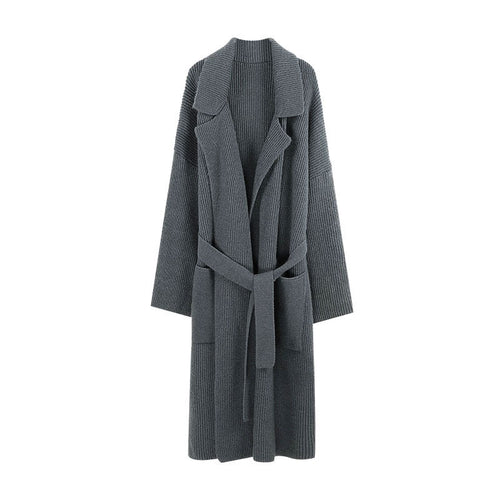 Damen Strickmantel mit Gürtel und breiten Revers Drune