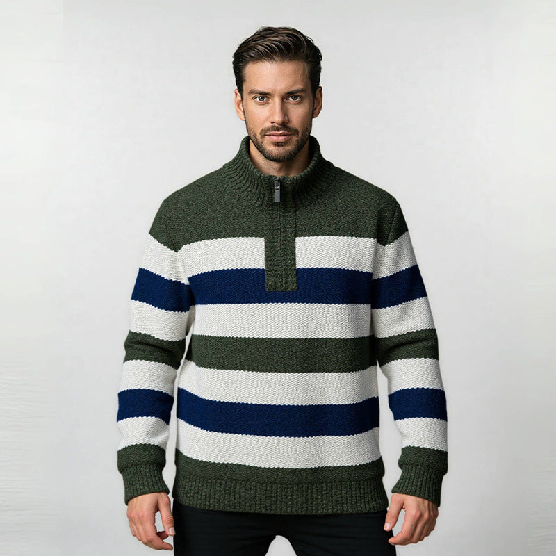 Herren modernes Strickpullover mit halbem Reißverschluss und Blockstreifen Drune