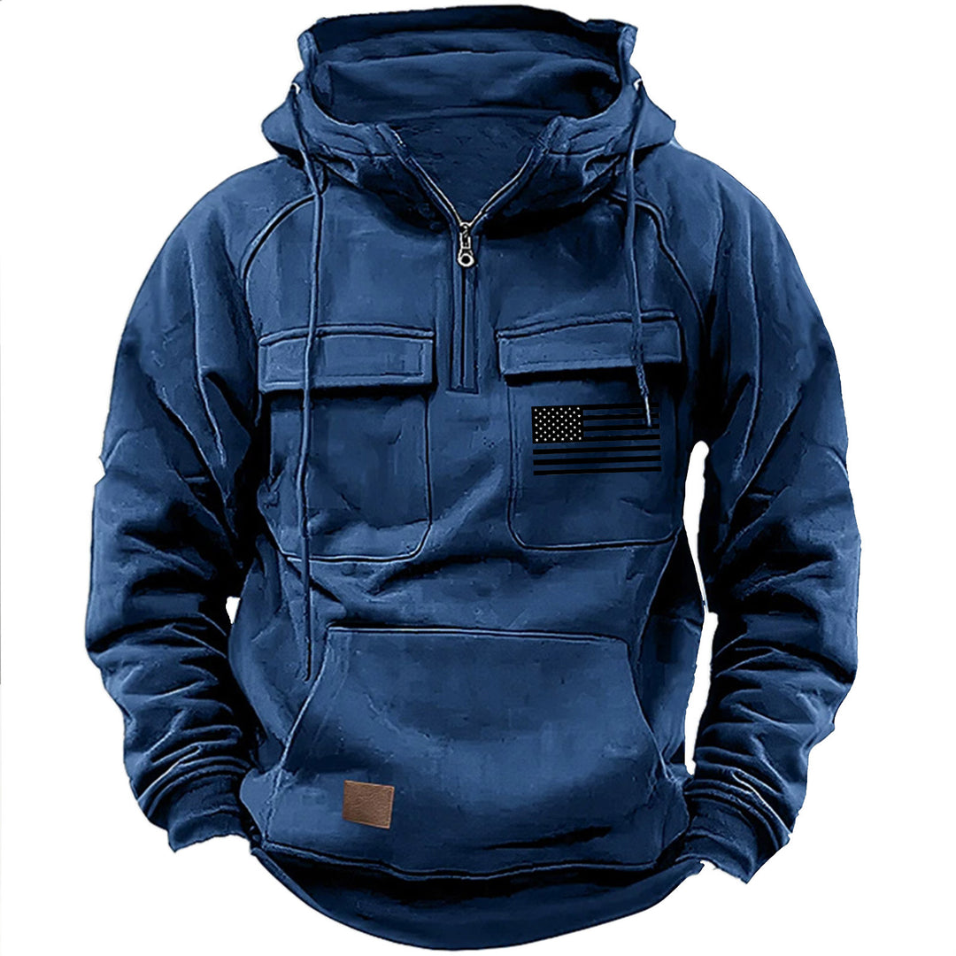 Herren nan urbaner Kapuzenpullover mit taktischen Brusttaschen und halbem Reißverschluss Drune