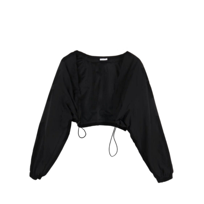 Damen cropped Langarmbluse mit Rüschen Drune