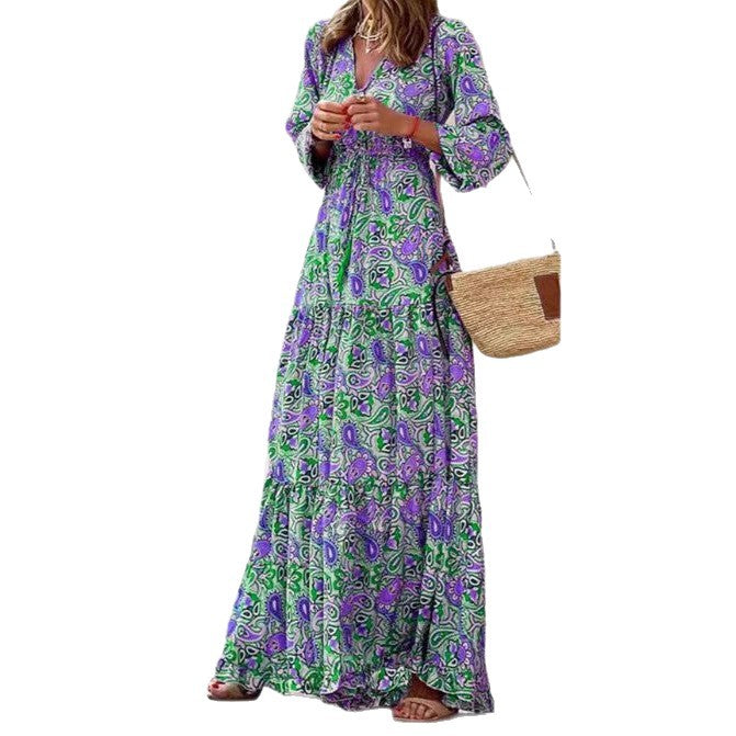 Damen Maxikleid mit floralen Mustern und modischem Taillengürtel Drune