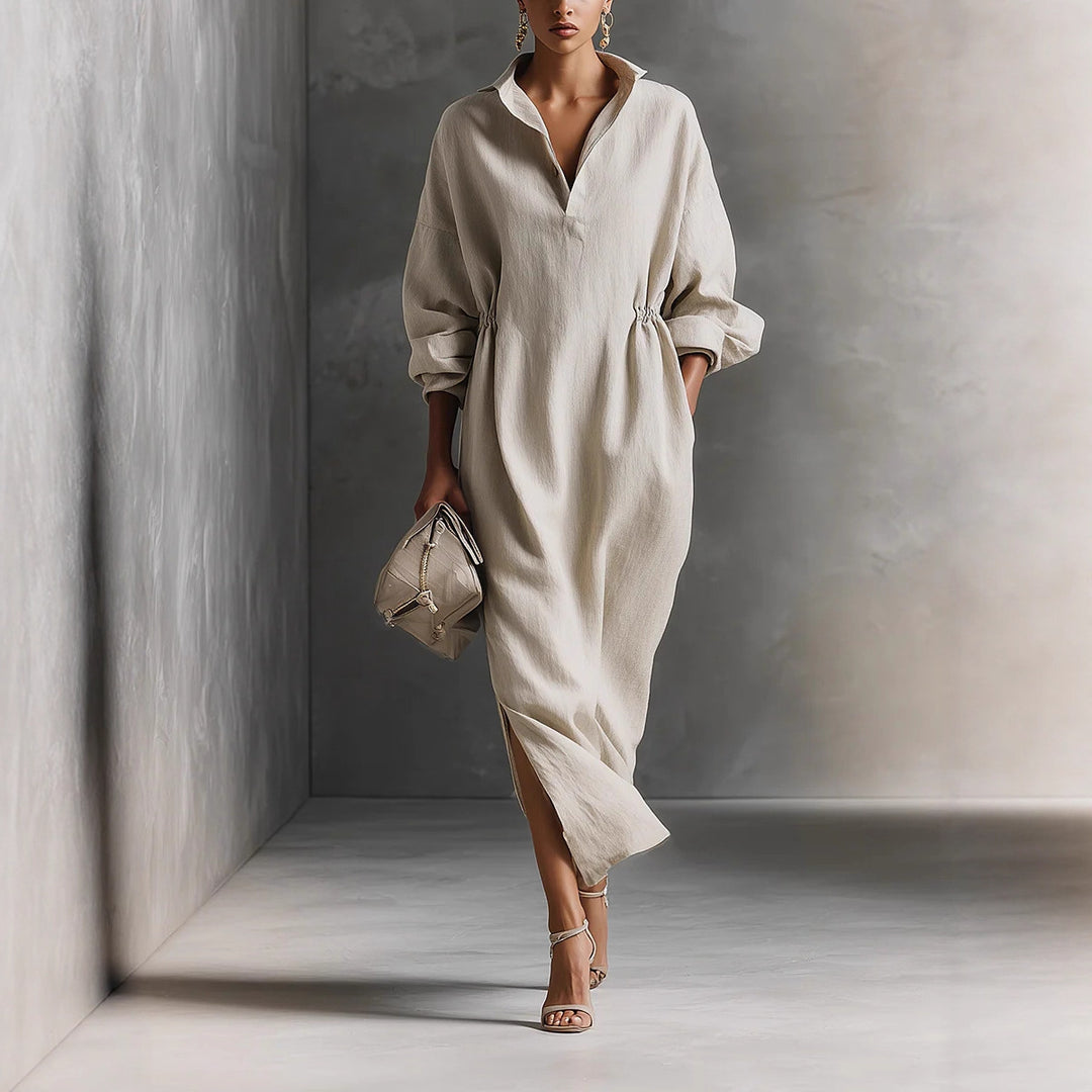 Damen stilvolles Midikleid mit Bindegürtel und klassischem Kragen Drune