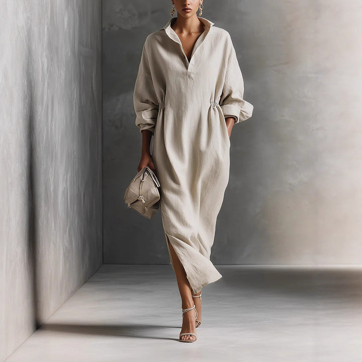 Damen stilvolles Midikleid mit Bindegürtel und klassischem Kragen Drune