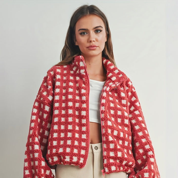 Damen kuschelige Oversized Fleecejacke mit Karomuster und hohem Kragen Drune