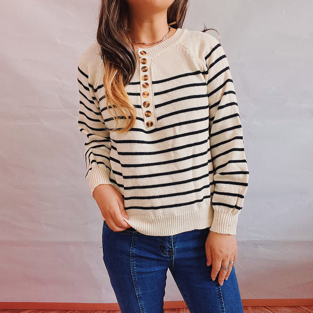 Damen gestreifter Strickpullover mit Knopfdetails und lässigem Schnitt Drune