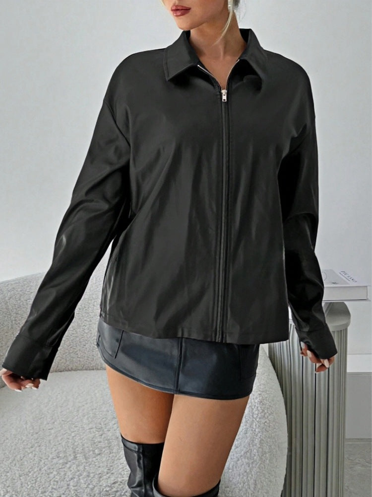Damen leichtgewichtige Kunstlederjacke mit modernem Reißverschluss Drune
