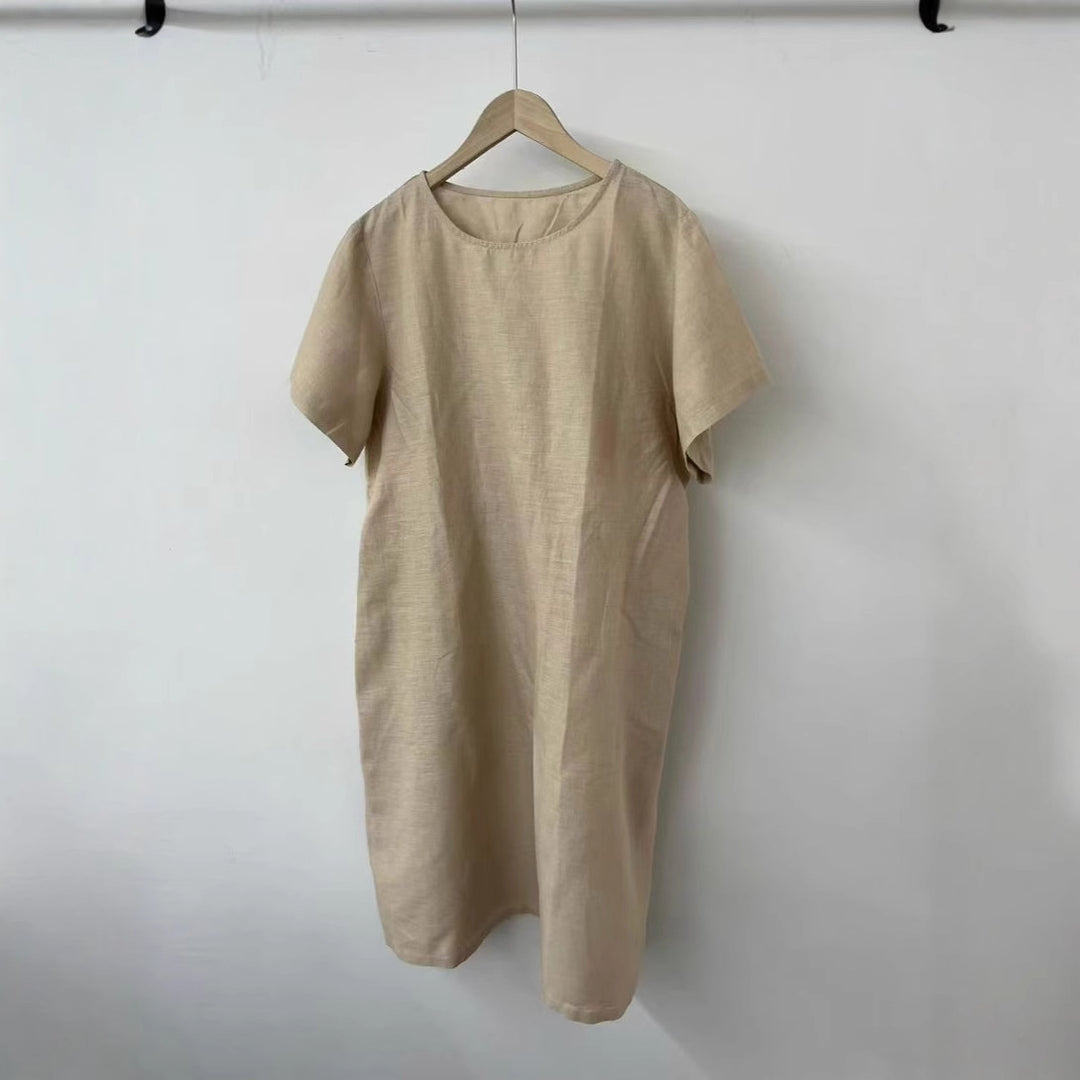 Damen Lässig Kurzarm Leinenkleid Drune