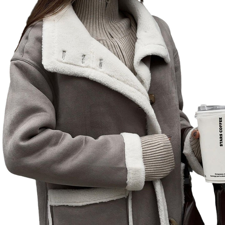 Damen Eleganter und warmer Fleece-Mantel mit oversized Schnitt und Knopfleiste Drune