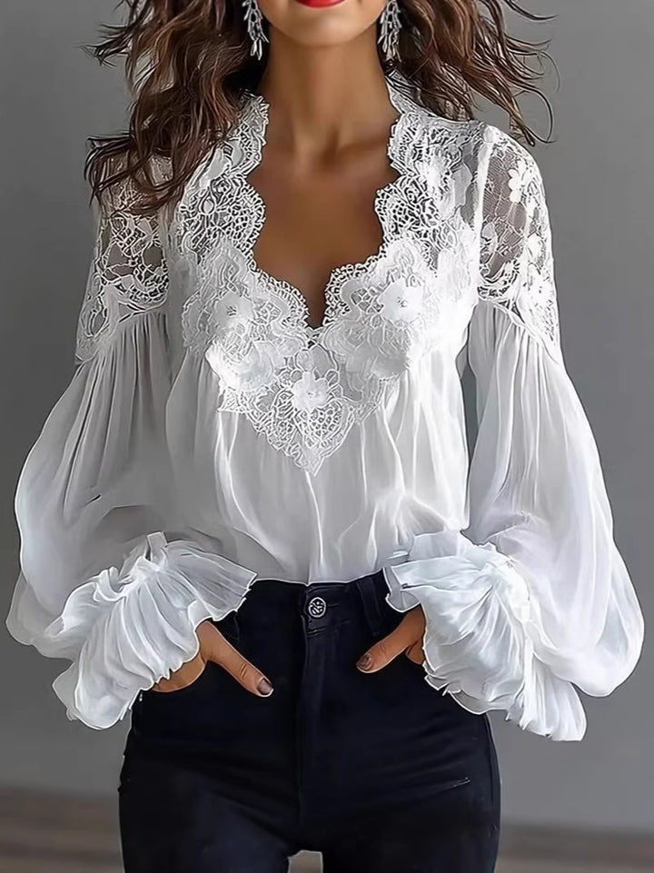 Damen elegante Spitzenbluse mit voluminösen Ärmelabschlüssen und floralen Akzenten Drune