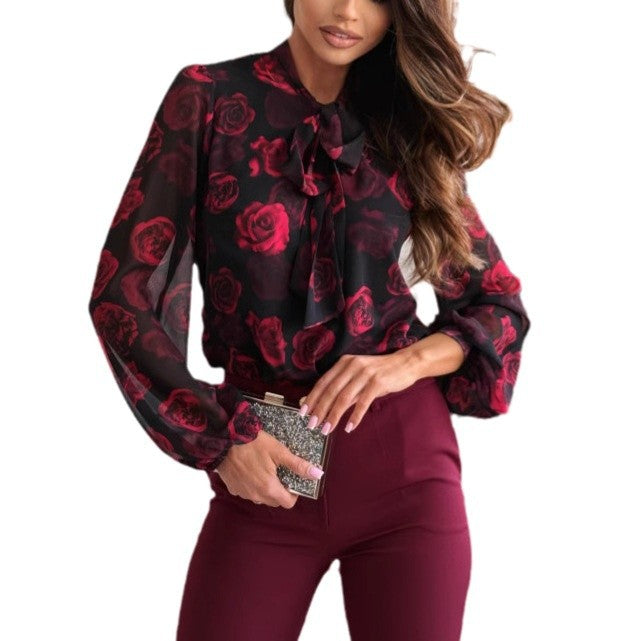 Damen Transparente Bluse mit floralem Design und elegantem Schleifenkragen Drune