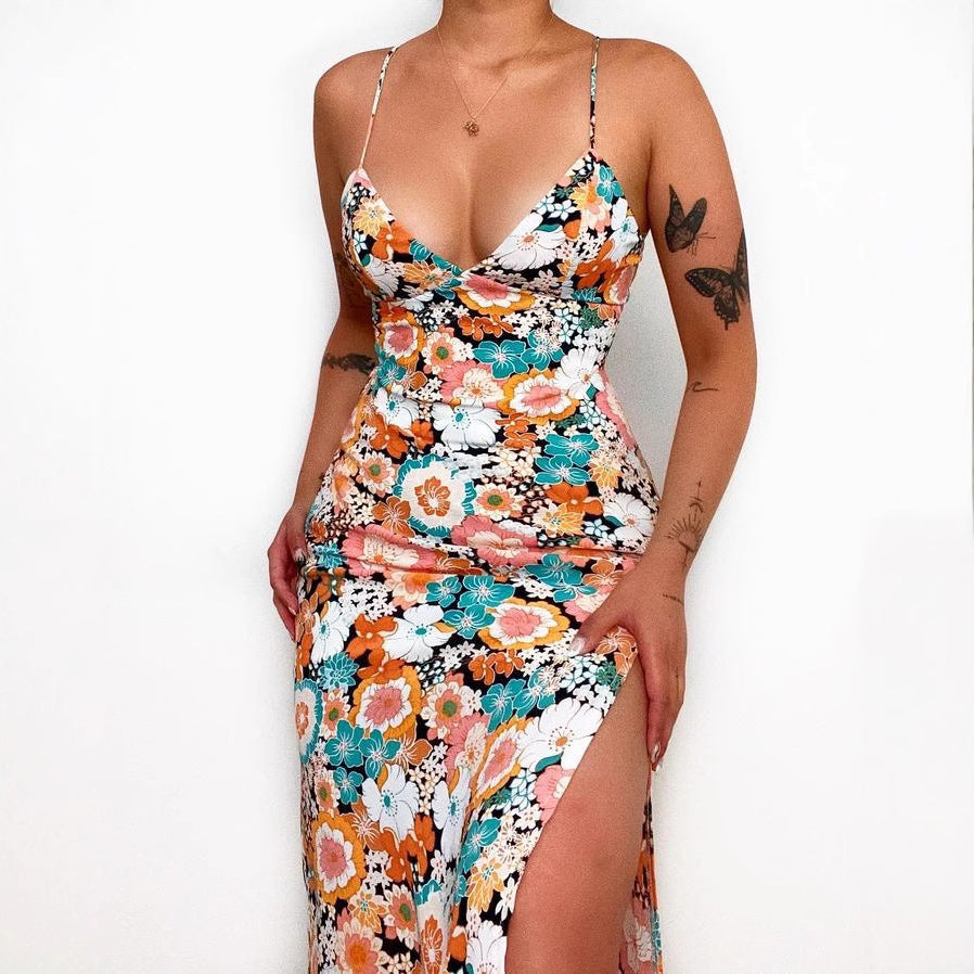 Damen Maxikleid mit tiefem V-Ausschnitt und seitlichem Schlitz Drune