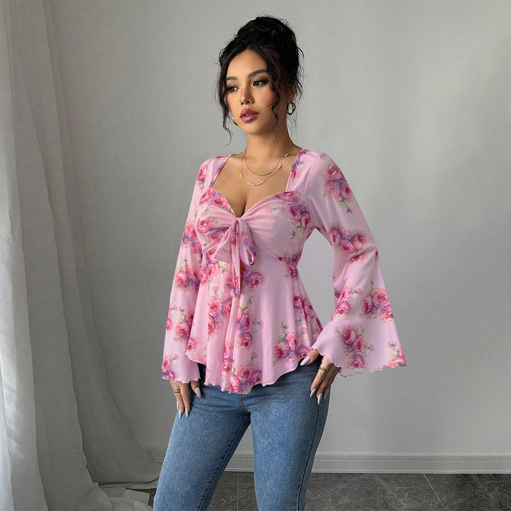 Damen fließendes Blusenshirt mit floralem Design und verspieltem Knoten Drune