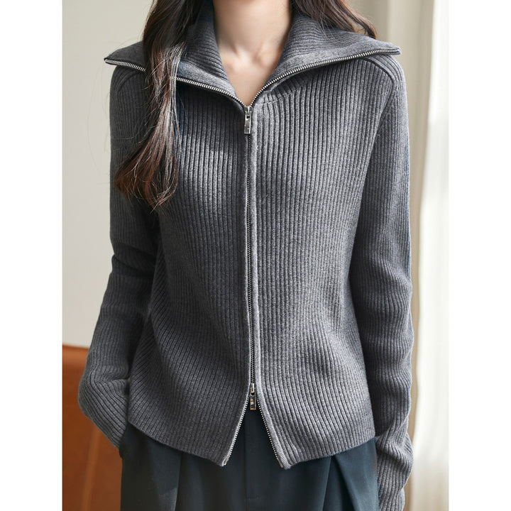 Damen modischer Strickpullover mit hochschließendem Reißverschluss und Rippenstruktur Drune