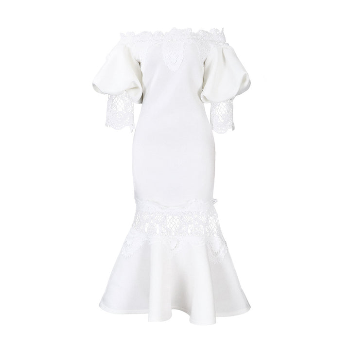 Damen Bodycon Kleid mit Spitzenapplikationen und voluminösen Ärmeln Drune